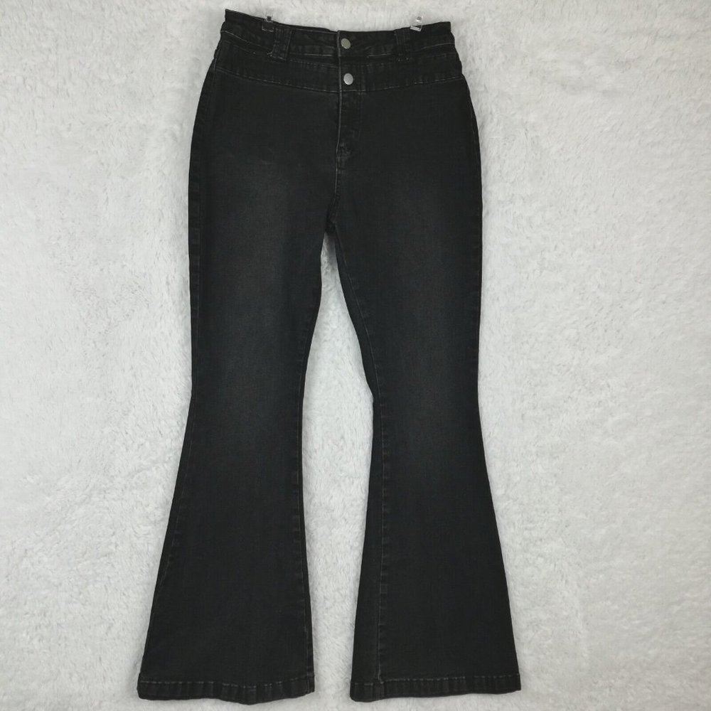 Pantete‎ Womens Jeans Flare Wide Leg Denim Black Wash High Rise Double Button L